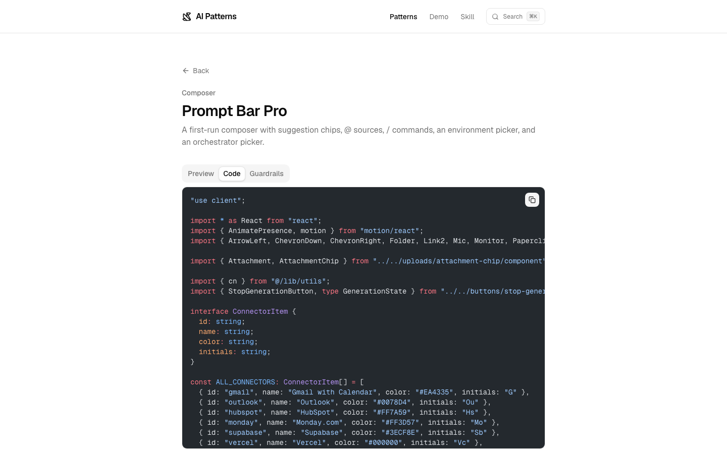 Ready-to-copy component code alongside the spec