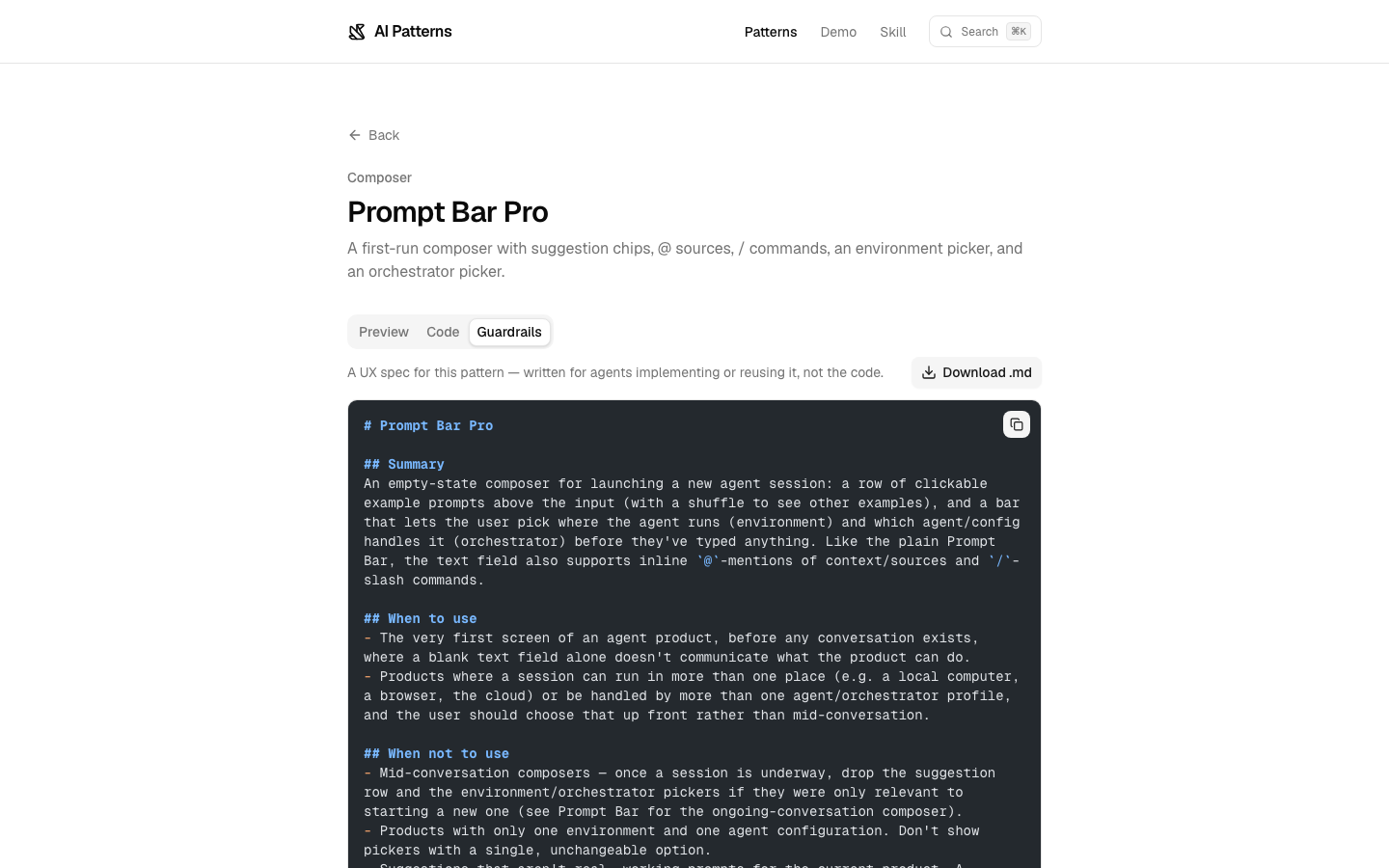 The Guardrails tab — anatomy, behavior, accessibility, and content guidelines