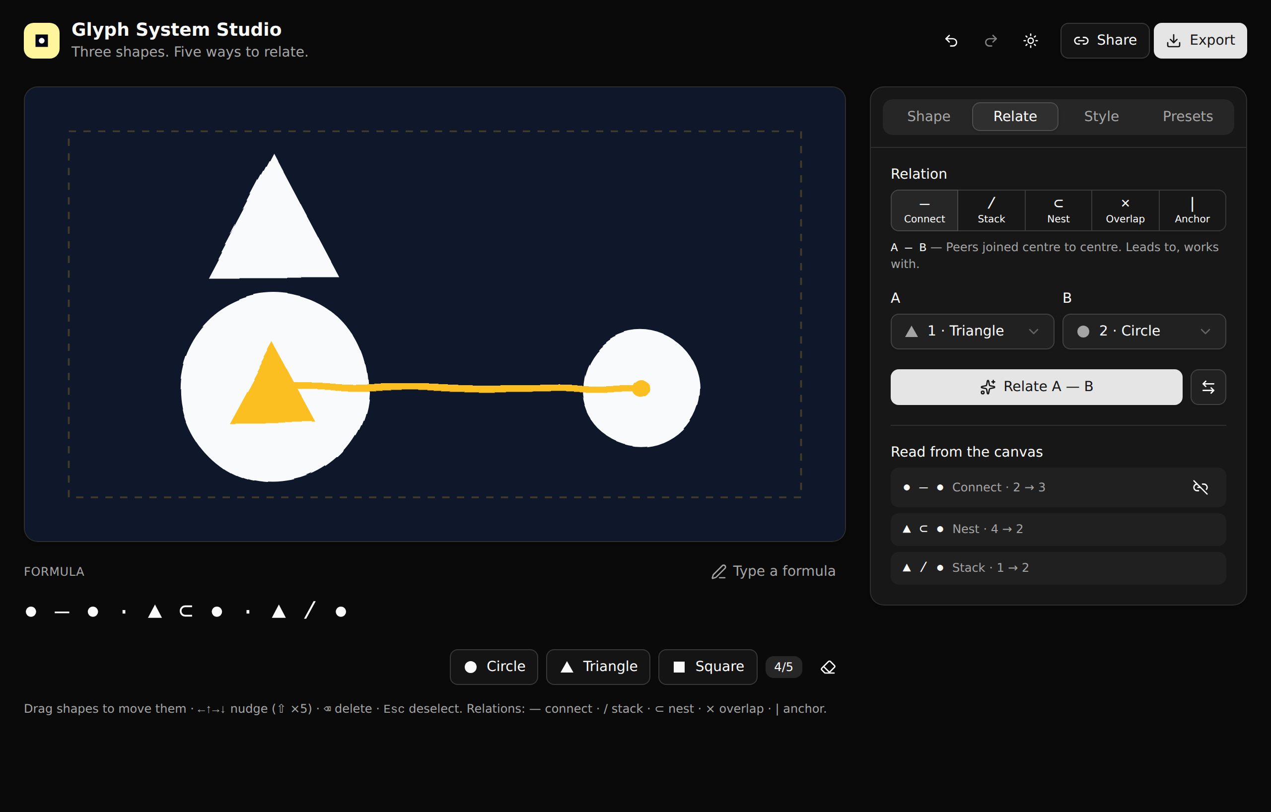 Glyph System Studio in dark mode with the Night palette, relations read back from the canvas