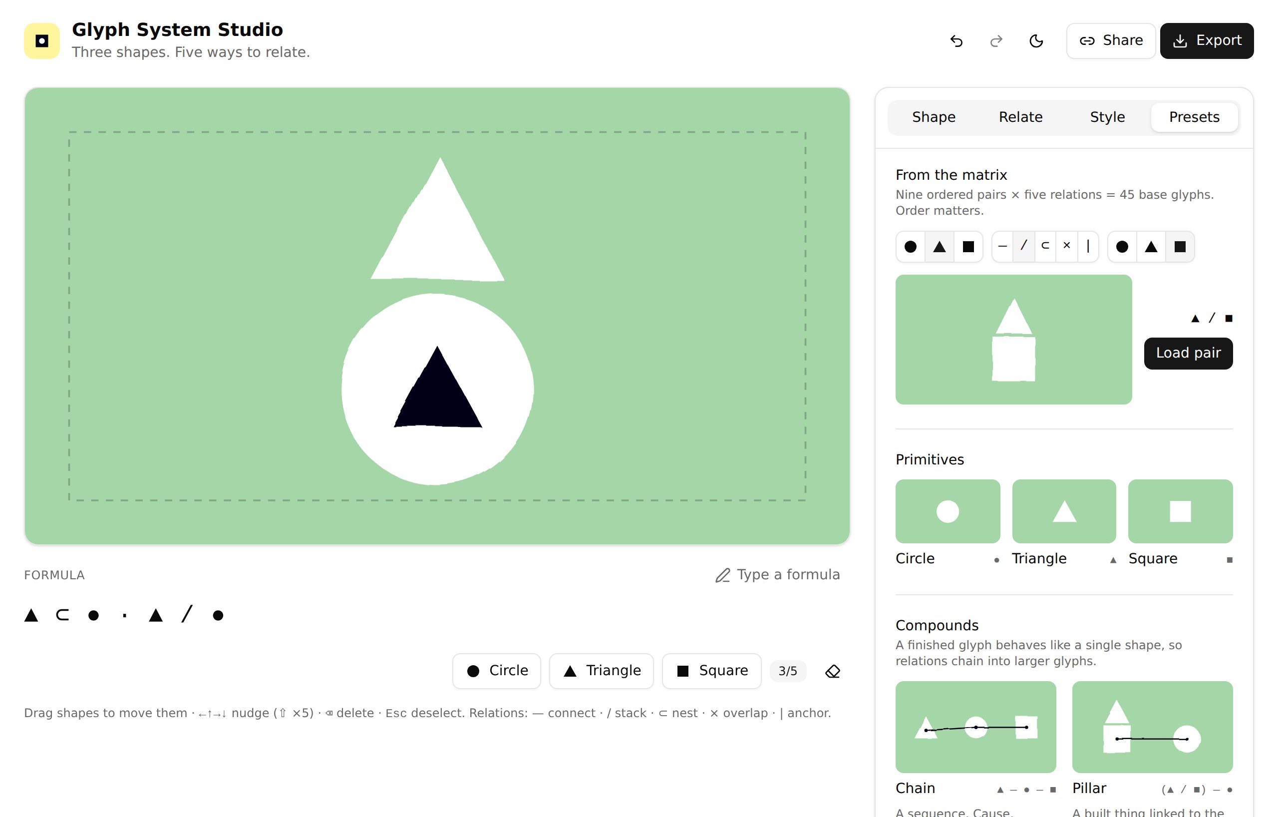 Glyph System Studio, Presets tab — the matrix builder and the reference compounds