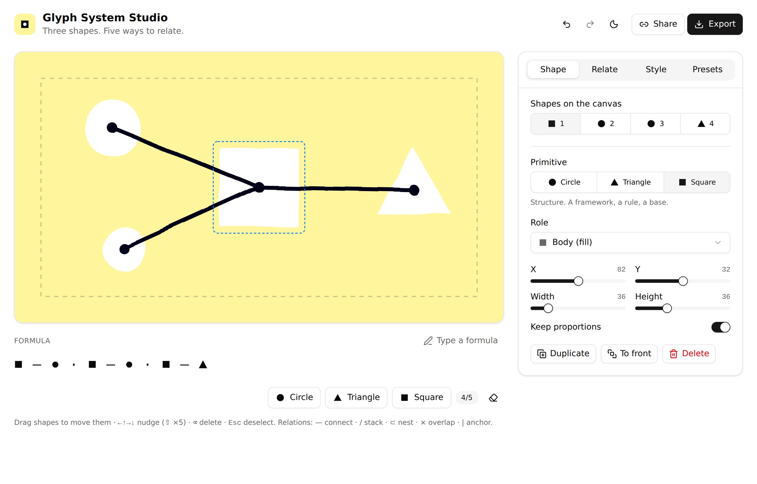 Glyph System Studio, Shape tab — the square selected on the canvas, with its primitive, role, position and size