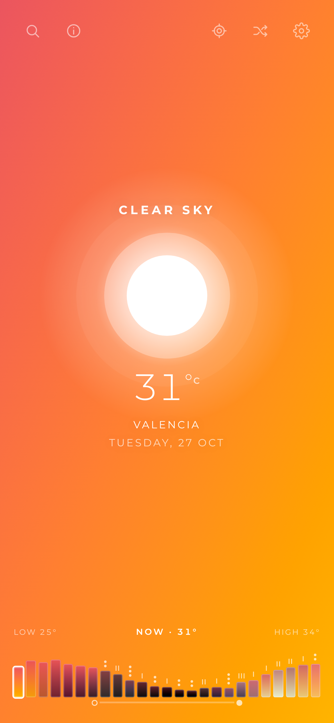 Clear sky at 31° in Valencia, 14:00 — a hot orange sky and a glowing sun
