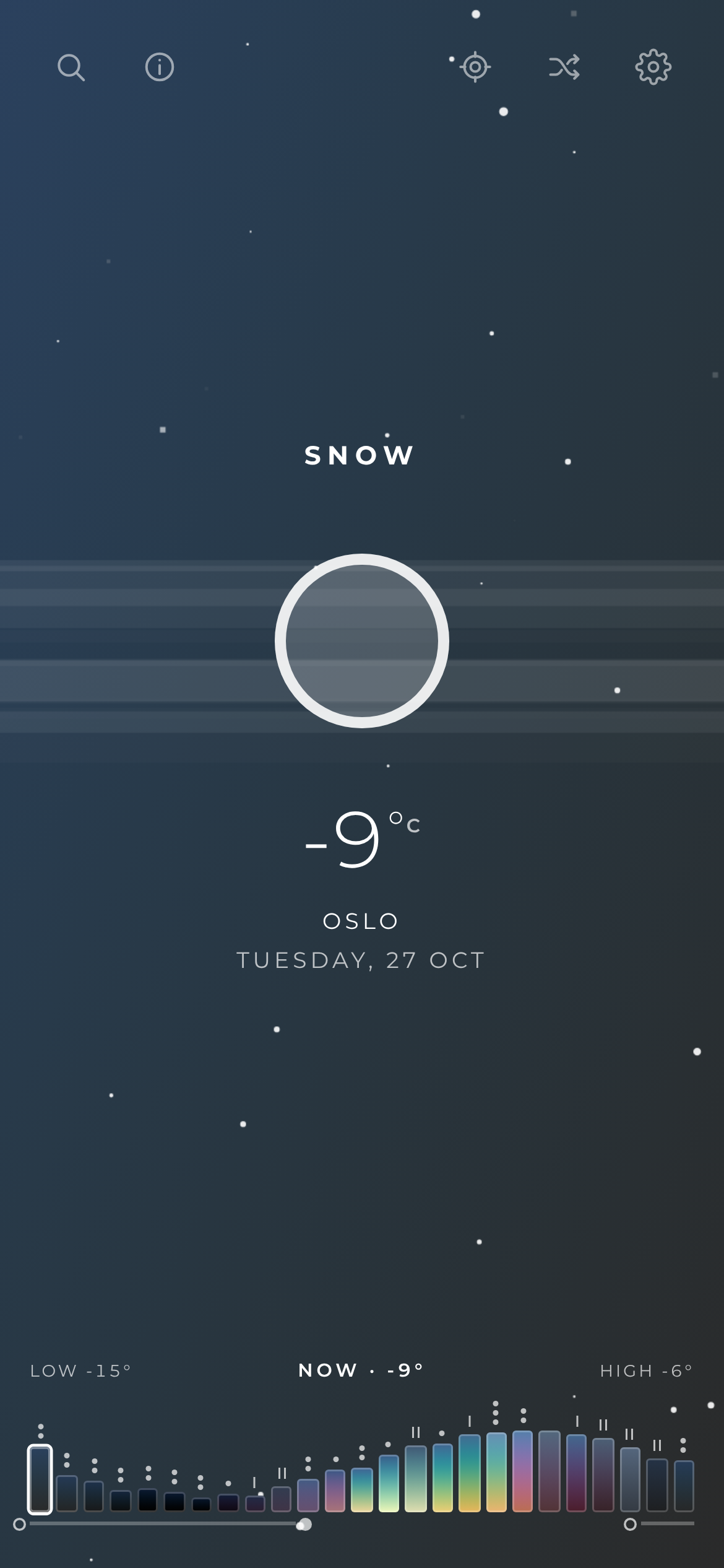 Snow at −9° in Oslo at night — deep blue sky, the moon as a ring, falling flakes