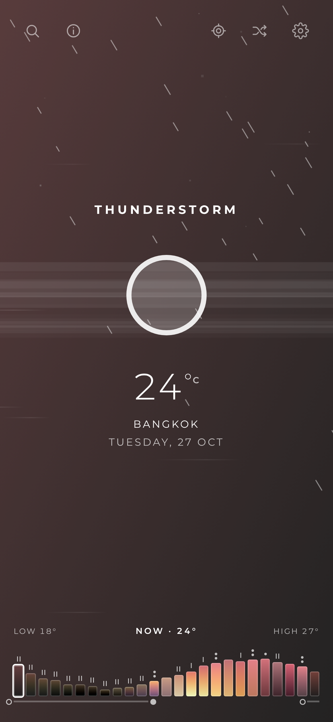 Thunderstorm at 24° in Bangkok at night — warm dark sky, wind streaks and rain