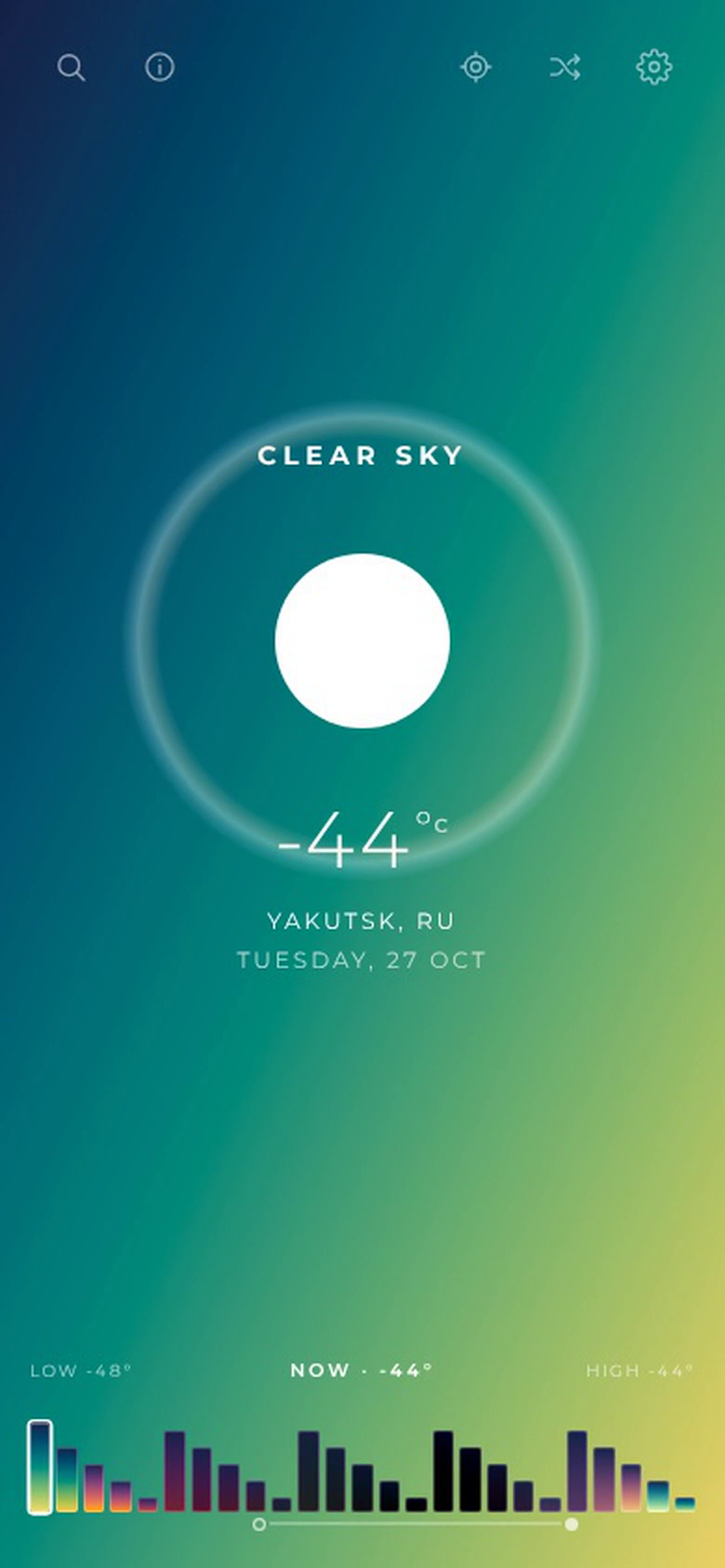 Clear sky at −44° in Yakutsk at noon — a teal sky and a thick ice halo around the sun