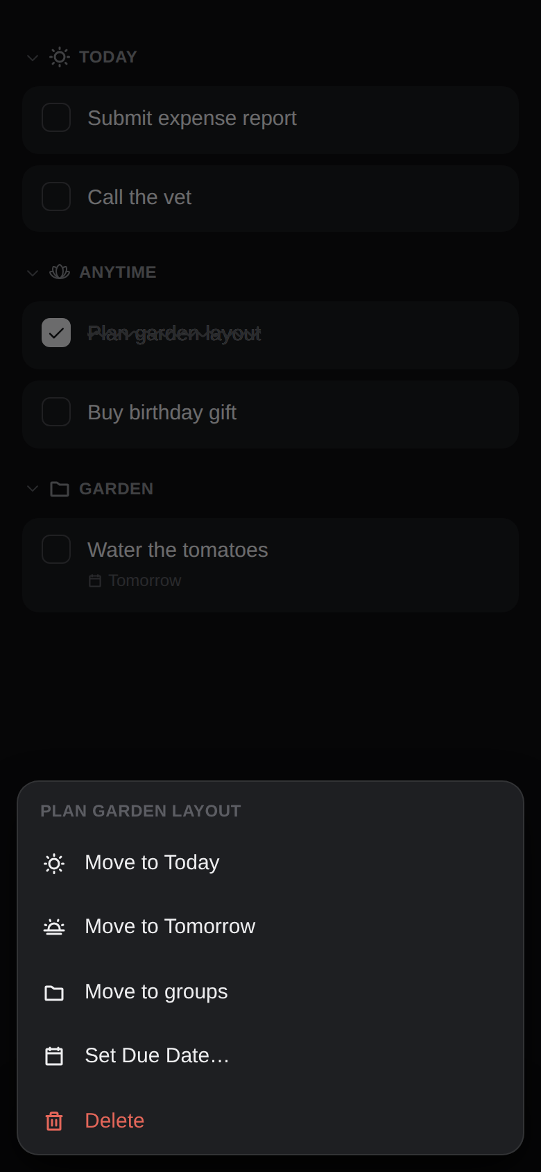 Long-press item menu in dark mode