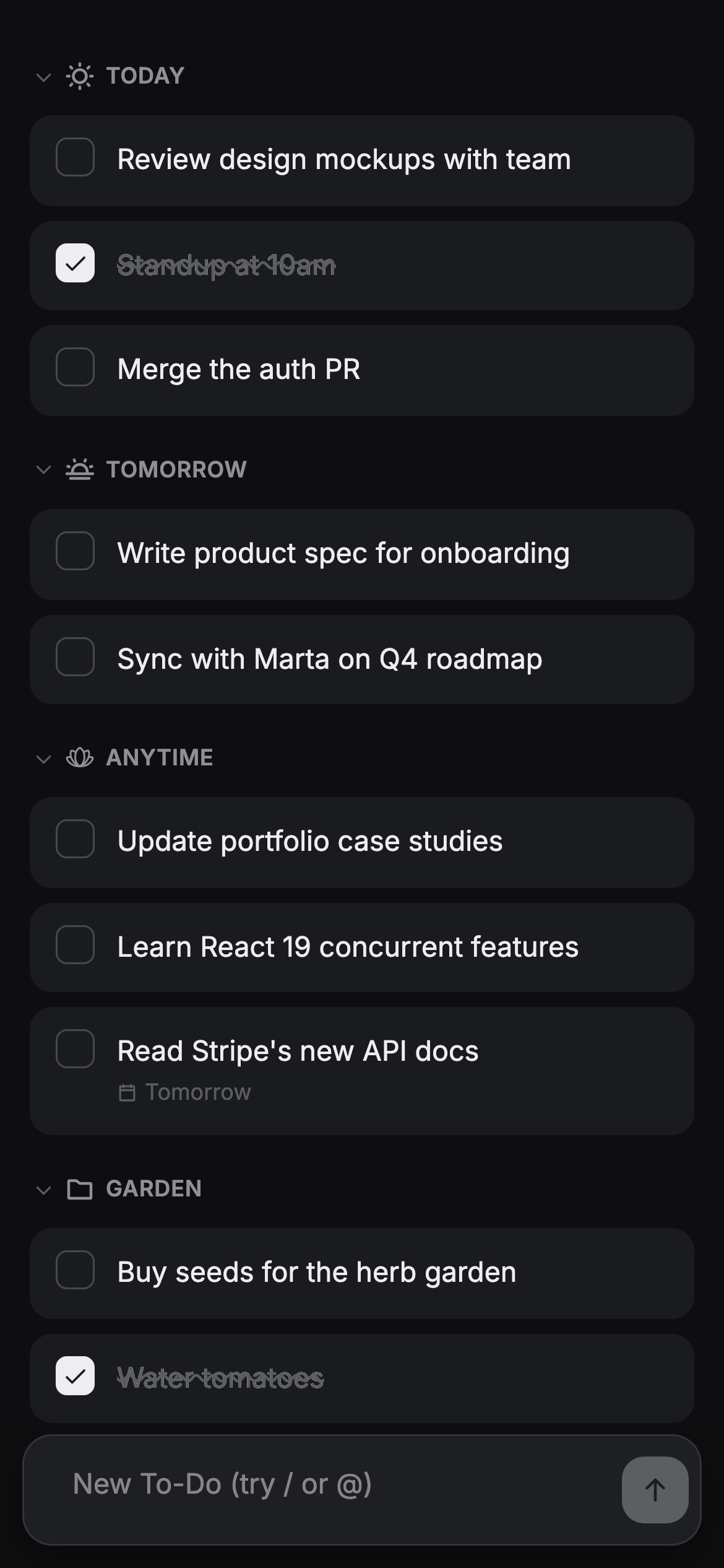 Main list in dark mode, with Today, Tomorrow, Anytime, and the Garden group