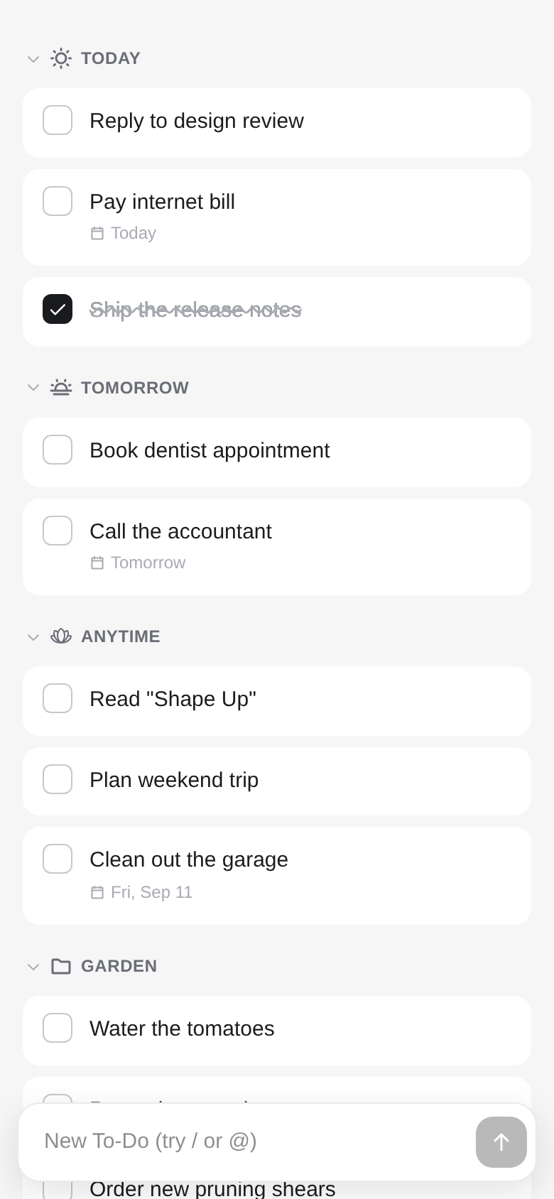 Lotus main list with Today, Tomorrow, Anytime, and a custom Garden group