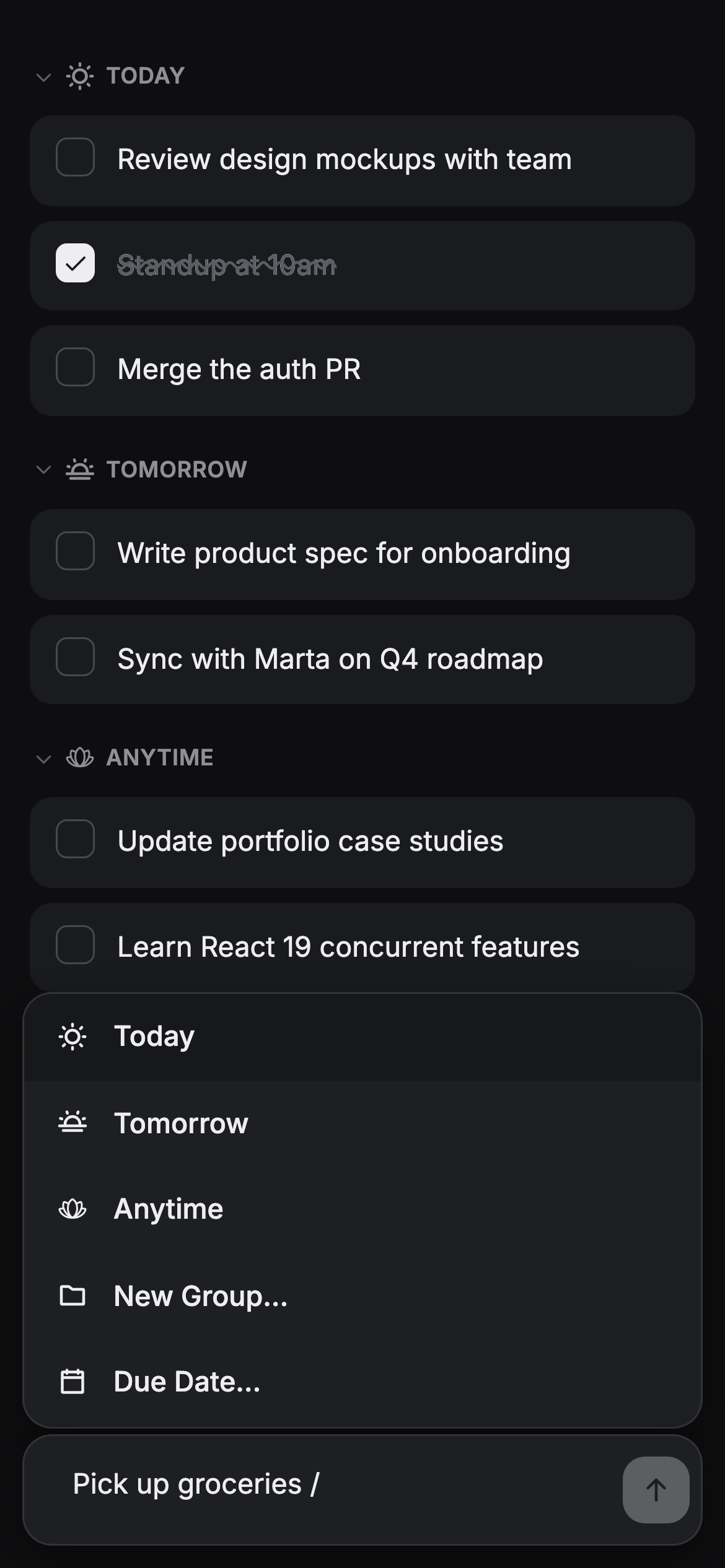 Slash command destination picker in dark mode