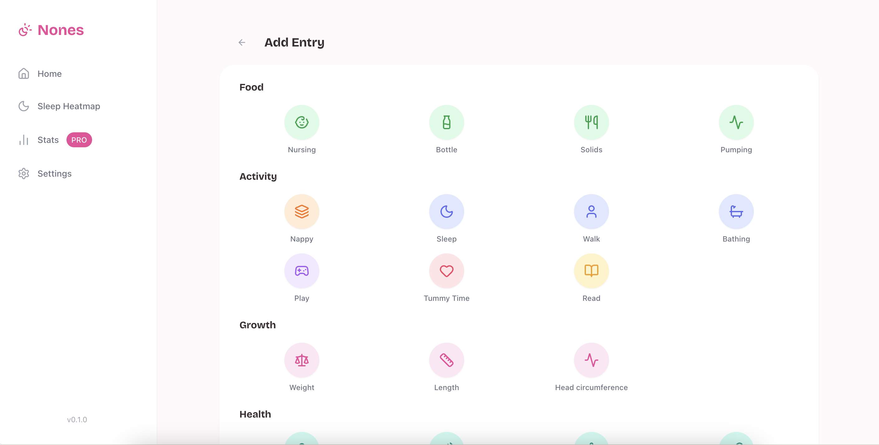 Add Entry — category grid for logging